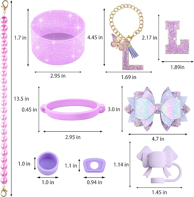 9PCS Purple for Stanley Cup Accessories Set Bling Initials Bow Charms for Stanley Decorations 30/40 Oz Tumbler Accessories Including Bow Straw Topper, Handle Strap, Spill Stopper（Letter L）