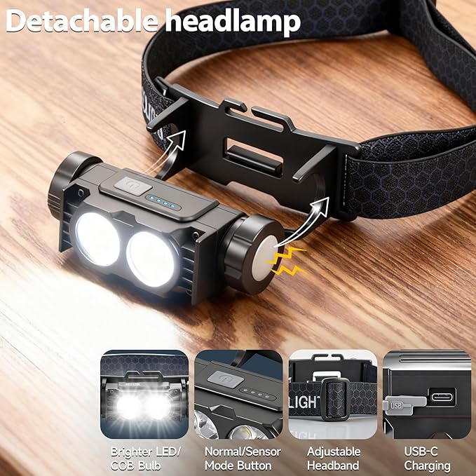 Bud K 6pack Headlamp Rechargeable, 5000L Super Bright Light LED Rechargeable Headlight, 3 Modes, Detachable Flashlight & Waterproof Head Lamp for Adult, Running, Outdoor, Emergency, Hard Hat Light
