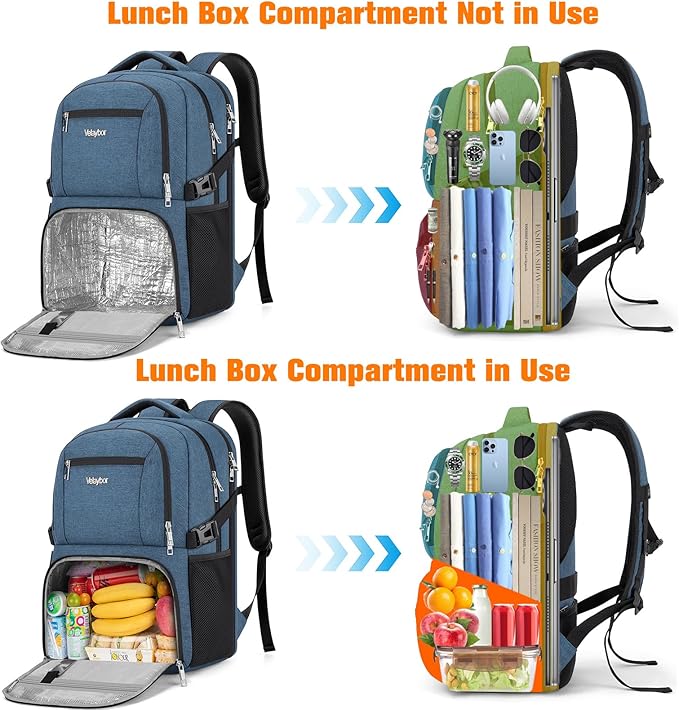 Insulated Lunch Backpack Fit 17" Laptop, Work Backpack with Lunch Box & USB Charging Port for Men & Women, Water Resistant College Computer Bag for Travel, Business, Hiking (Blue)