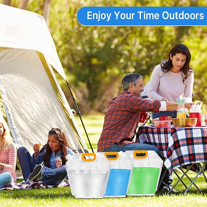 12 Pack Collapsible Water Container Bag 1.3 Gallon Emergency Foldable Water Container BPA Free Food Grade Plastic Storage Jug Freezable Water Bottle for Camping Hiking Riding Backpack