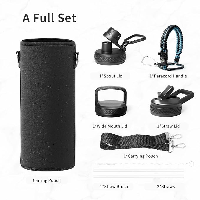 Trebo Water Bottle Insulated 40oz with Paracord Handle, Vacuum Triple Wall Stainless Steel Water Jug, 48hr Cold Retention, Leakproof BPA-Free Flask With 3 Lids Fits in Car Cup Holder, Indigo/Black