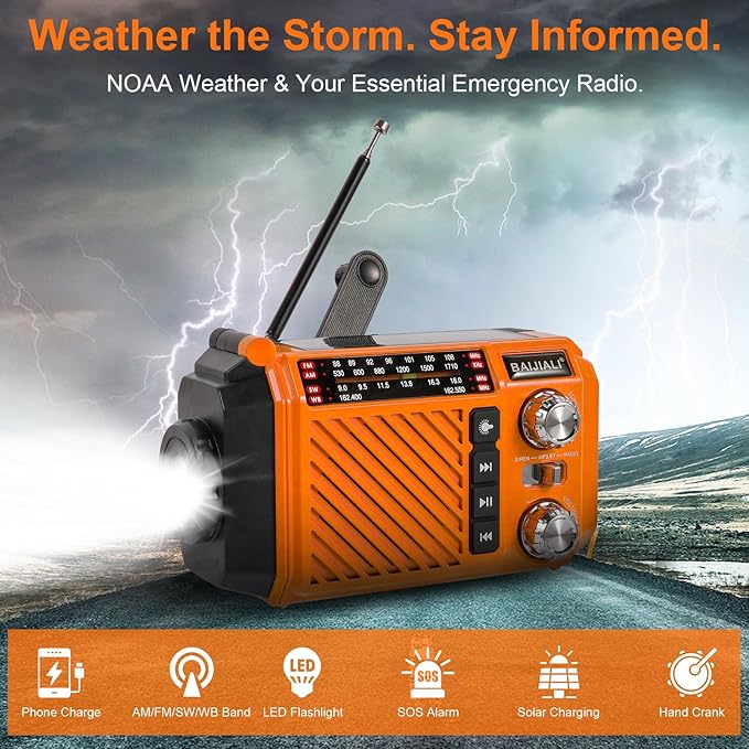 Hand Crank Emergency Weather Radio with 2600mAh/9620mWh Power Bank, NOAA AM FM Shortwave Portable Radio, Solar & USB-C Charging, Flashlight, SOS Alarm for Emergency Kits (Orange)