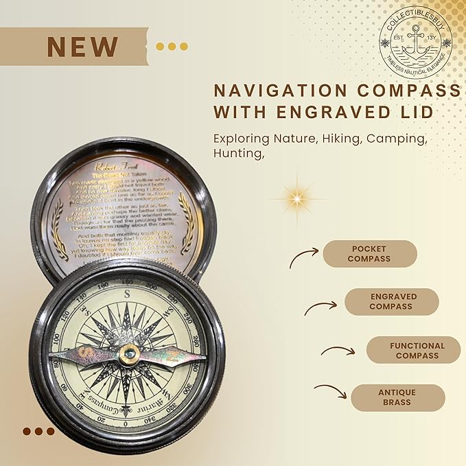 Marine Pocket Compass 1920 Vintage Brass Navigation Compass with Engraved Lid Antique Nautical Instrument