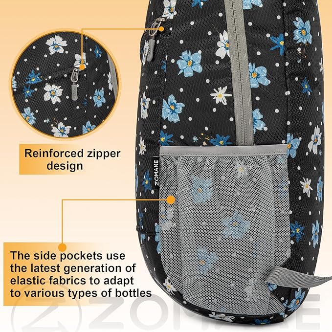 ZOMAKE Lightweight Packable Backpack,Foldable Backpacks Small Daypack for Hiking Water Resistant Day Bag for Travel(Black,Floral pattern)
