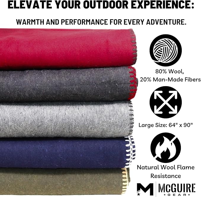 M MCGUIRE GEAR Heavy Duty Wool Blanket, Survival, Emergency, and First Aid Use – Mil-Spec, Fire Retardant, Durable Outdoor Wool Blankets for Camping. - Navy Blue, (64 x 90 inches)