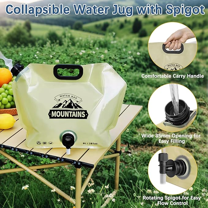 Water Jug Camping 2.1 Gallon Collapsible with Spigot, BPA Free Portable Water Pouch Foldable Water Bags for Outdoor Hiking, Travel and Emergency & Water Storage Containers (Beige-2Pcs)