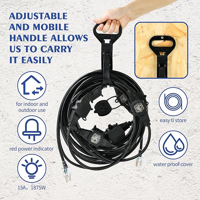 50FT 14 Gauge Heavy Duty Multi-Outlet Outdoor Extension Cord, 7 Evenly Spaced Weatherproof Outlets, LED Indicator Light,Great for Stage Backdrops, Landscape Garden Lighting, Holiday Decoration ETL