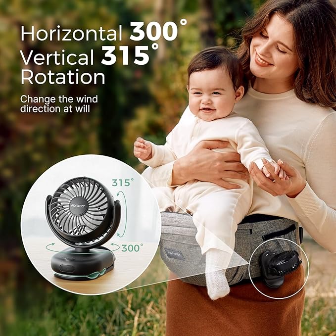 Momcozy Portable Stroller Fan with Clip | 4-Speed Mini-Fan for Carrier | Personal Fans Ultra Light 0.26lb | Gaps ≤4.5mm | Handheld Cooling | Rechargeable Rotate for Diaper Backpack/Table/Chair
