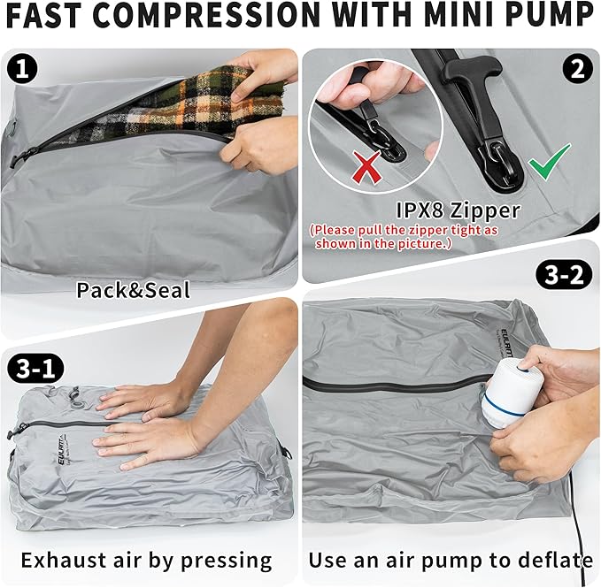 Reusable Vacuum Bags for Travel With Pump,Professional Waterproof IPX8 Zipper Vacuum Compression Bag for Suitcases Backpack,Space Saver Bags Packing Organizers for Clothing Packing(3 Pack,Gray)
