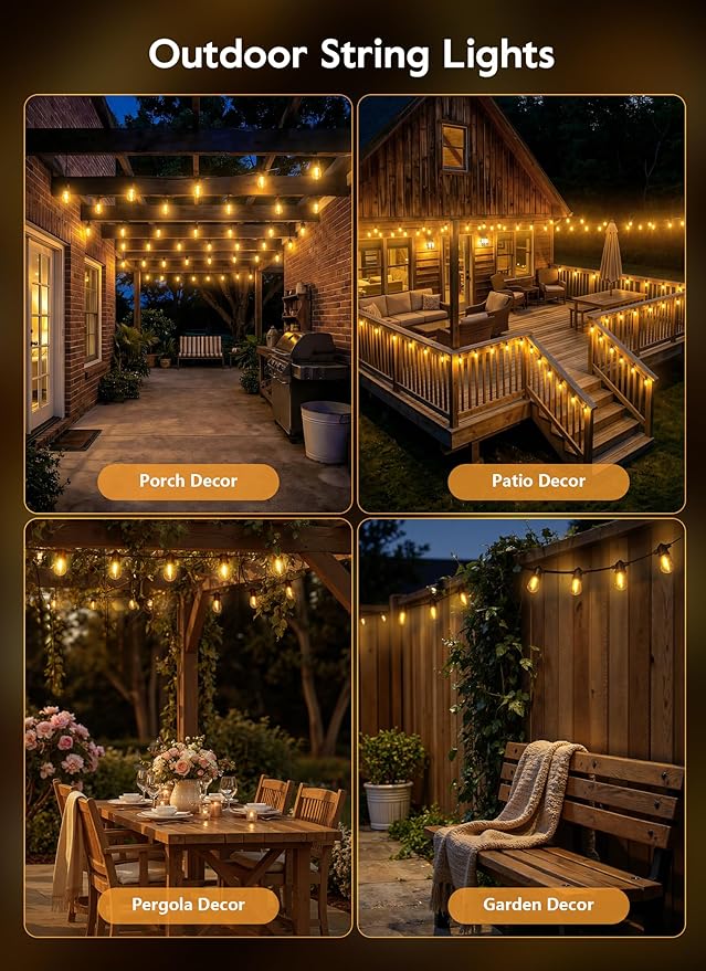 Minetom 34FT Solar String Lights Outdoor Waterproof, 9 LED S14 Shatterproof Bulb, Patio Lights with Remote Type-C Port Timable, 3 Light Modes Dimmable Solar String Lights for Outside, Yard, Camping