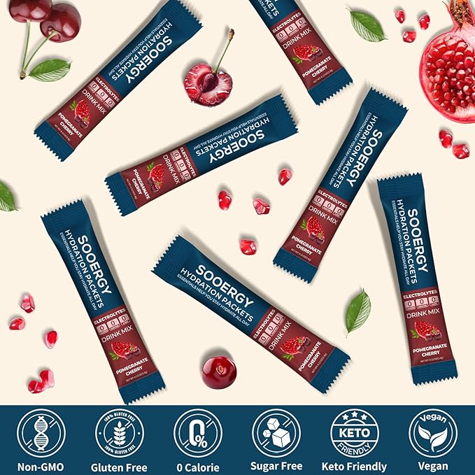 Electrolytes Powder Packets Sugar Free Hydration Packets, Liquid Daily IV Electrolyte Drink Mixex for Rehydration with Electrolytes, Vitamins, 0 Calorie, Cherry Pomegranate 20 Sticks