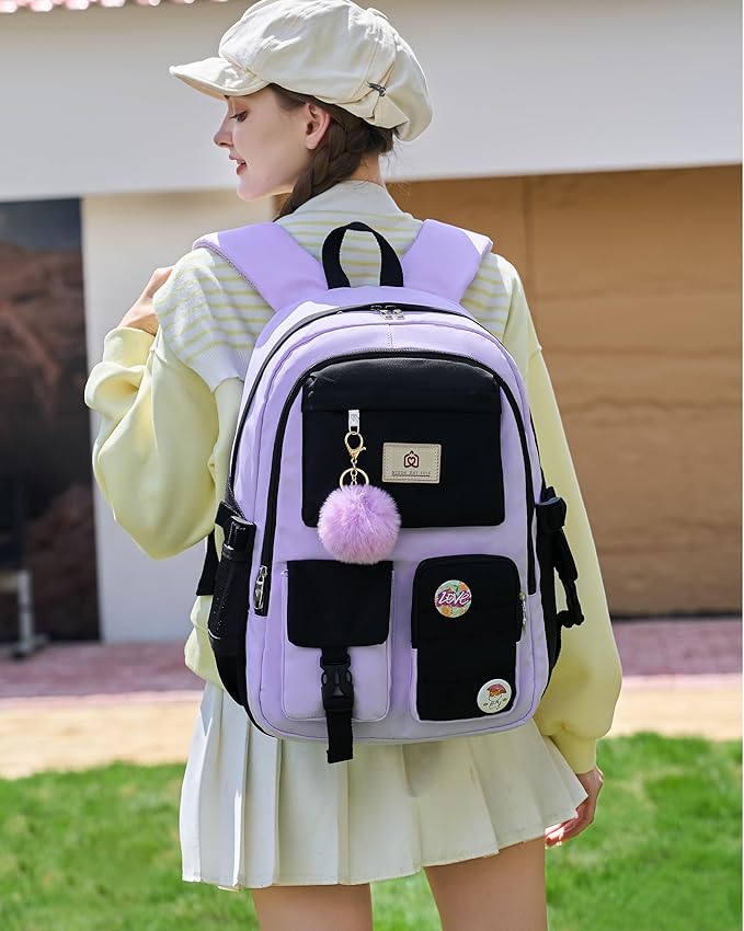 Hidds Laptop Backpacks 15.6 Inch School Bag Elementary Middle High College Backpack Cute Bookbags Anti Theft Travel Back Pack Casual Daypack Kids Book Bag for Teens Girls Women Students-Purple Black