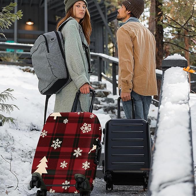 ANNA QUEEN Christmas Plaid Luggage Cover, Red and Black Check Suitcase Protector with Snowflake and Tree Pattern, Stretchable Washable Travel Sleeve for 28-30 Inch Luggage