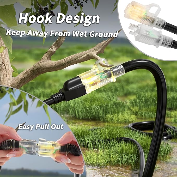 PlugSaf 14/3 Gauge Black Outdoor Extension Cord 25 ft Waterproof with Lighted Indicator, Cold Weatherproof -40°C, Flexible 3 Prong Extension Cord Outside, 15A 1875W 14AWG SJTW, ETL Listed