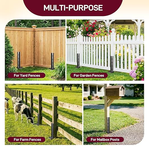 Goovilla Fence Post Repair Kit, 4Pcs Heavy Duty Fence Post Anchor Ground Stakes, Robust Quick-Fix Wood Support for Broken/Leaning/Tilted/Degraded Wood with Gloves/Installation, Easy to Install,Black