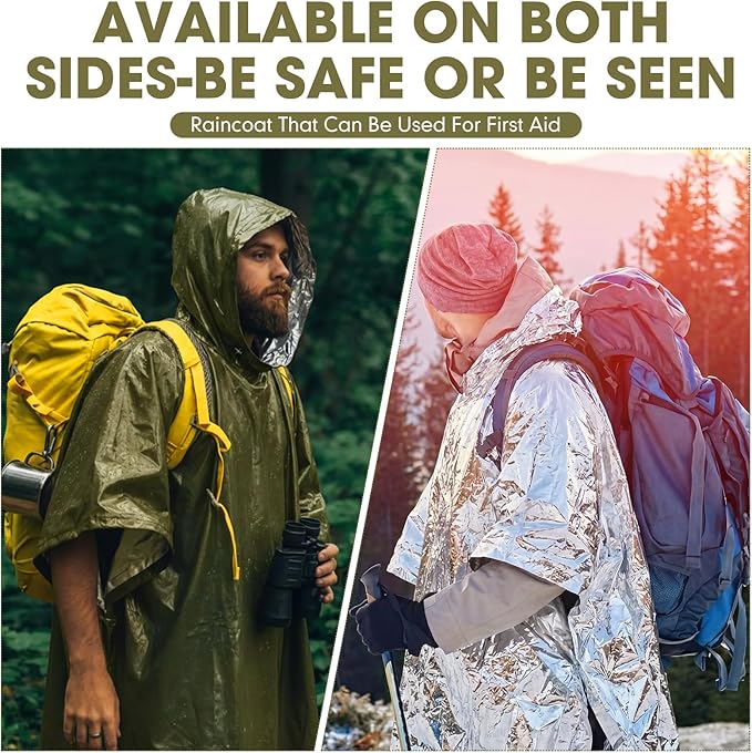 Tellegloww Emergency Ponchos with Polyester Film Blanket Liner Waterproof Windproof Thermal Survival Blanket Rain Ponchos