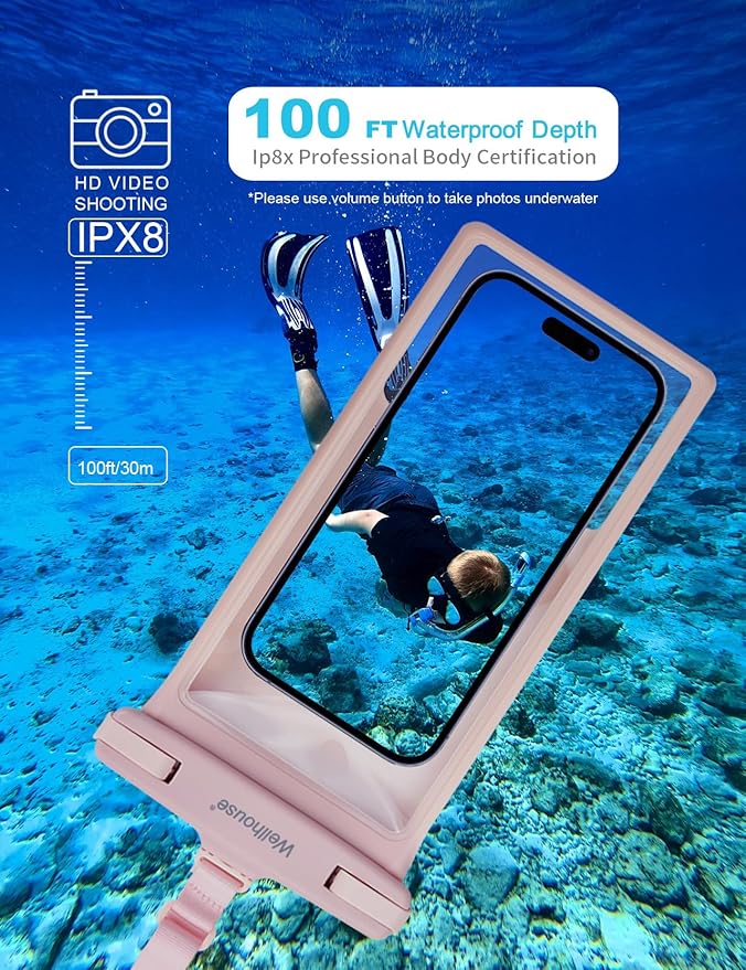 wellhouse Waterproof Phone Pouch, Waterproof Phone Case for iPhone 17 16 15 14 13 Pro Max XS Samsung, IPX8 3D Cellphone Dry Bag Beach Essentials (2 Pack - Blue & Pink8.0, 8 inch)