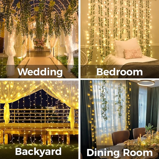 suddus Curtain Lights for Bedroom, 200 Led Hanging String Light Outdoor, Fairy Curtain Lights Indoor for Christmas, Dorm, Wall, Backdrop, Window, Wedding, Party, Birthday Decor, Warm White
