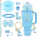 9PCS Blue for Stanley Cup Accessories Set Bling Initials Bow Charms for Stanley Decorations 30/40 Oz Tumbler Accessories Including Bow Straw Topper, Handle Strap, Spill Stopper（Letter L）