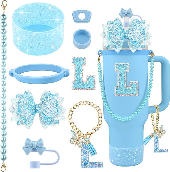 9PCS Blue for Stanley Cup Accessories Set Bling Initials Bow Charms for Stanley Decorations 30/40 Oz Tumbler Accessories Including Bow Straw Topper, Handle Strap, Spill Stopper（Letter L）
