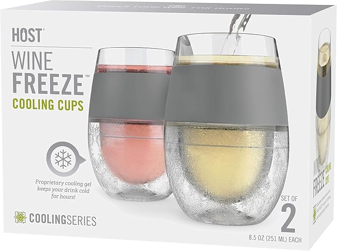 Host Wine Freeze Cup Set of 2 - Plastic Double Wall Insulated Wine Cooling Freezable Drink Vacuum Cup with Freezing Gel, Wine Glasses for Red and White Wine, 8.5 oz Grey - Gift Essentials