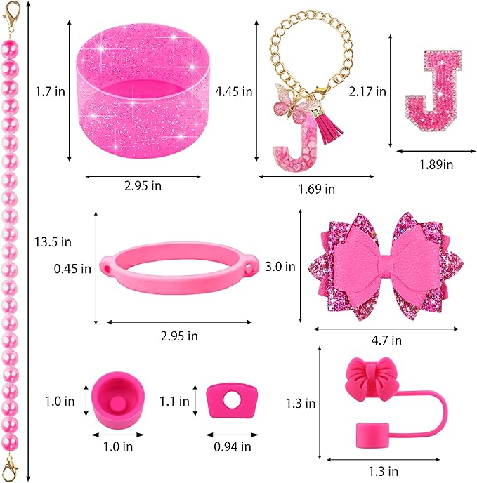 9PCS Hot Pink for Stanley Cup Accessories Set Bling Initials Bow Charms for Stanley Decorations 30/40 Oz Tumbler Accessories Including Bow Straw Topper, Handle Strap, Spill Stopper（Letter J）