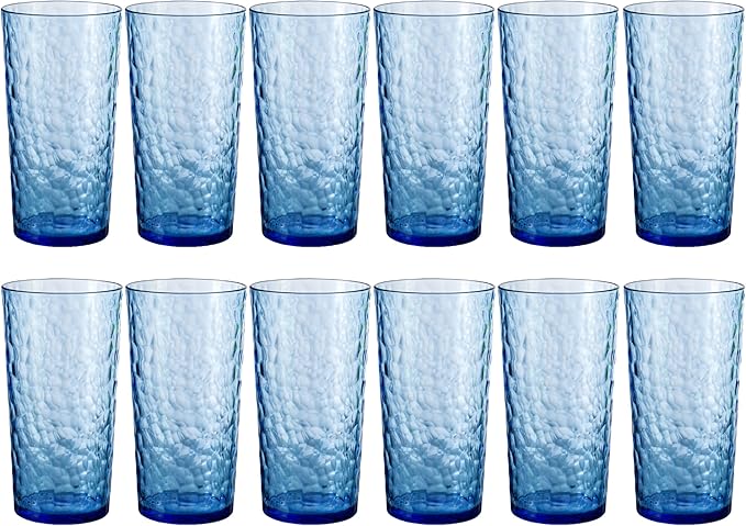 24-ounce Plastic Tumblers, Acrylic Drinking Glasses High-Balls, set of 12 Blue, Reusable Plastic Cups, Hammered Style Stackable, BPA-Free, Shatter-Proof, Dishwasher-Safe