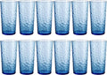 24-ounce Plastic Tumblers, Acrylic Drinking Glasses High-Balls, set of 12 Blue, Reusable Plastic Cups, Hammered Style Stackable, BPA-Free, Shatter-Proof, Dishwasher-Safe