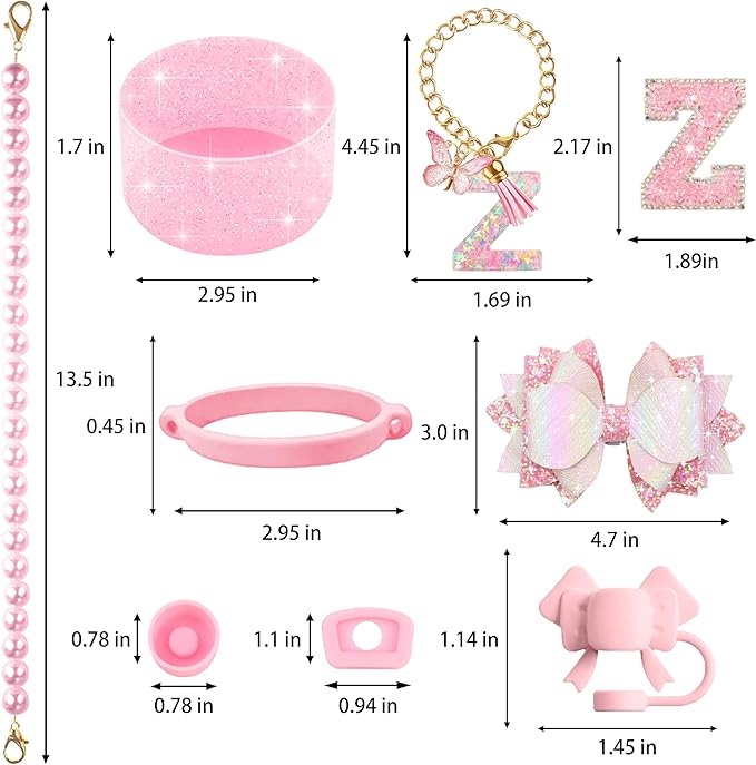 9PCS Pink for Stanley Cup Accessories Set Bling Initials Bow Charms for Stanley Decorations 30/40 Oz Tumbler Accessories Including Bow Straw Topper, Handle Strap, Spill Stopper（Letter Z）
