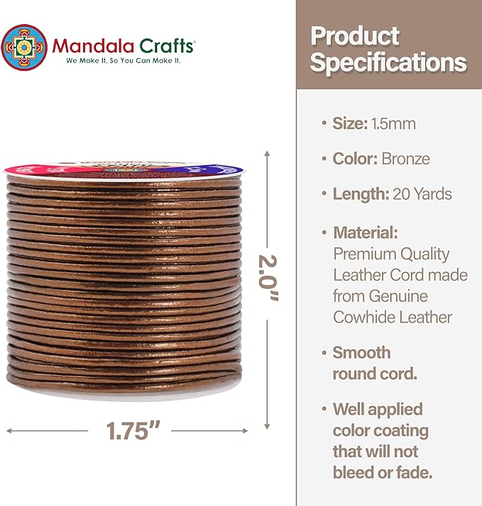 Mandala Crafts Round Genuine Bronze Leather Cord for Jewelry Making – 1.5mm Cowhide Leather Rope String Lace for Kumihimo – 20 Yards Cowhide Craft Cording Spool