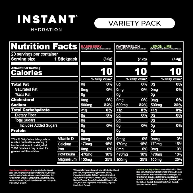 Instant Hydration Sugar Free Electrolytes Powder Packets Variety Pack - Watermelon, Raspberry, Lemon Lime Drink Mix & Travel Essentials with Magnesium and Potassium - Post Workout Recovery - 20 Count