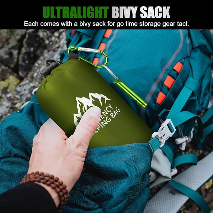 Oudain 2 Pcs XL Emergency Sleeping Bag 94.5" x 49.2" Waterproof Survival Sleeping Bag with Whistle Carabiner Portable Thermal Bivy Sack Emergency Blankets for Camping Hiking Outdoor
