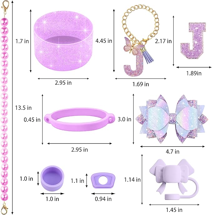 9PCS Purple for Stanley Cup Accessories Set Bling Initials Bow Charms for Stanley Decorations 30/40 Oz Tumbler Accessories Including Bow Straw Topper, Handle Strap, Spill Stopper（Letter J）