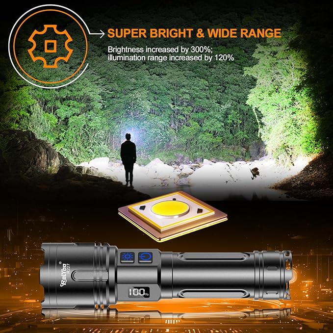 Relybo Rechargeable Flashlights High Lumens, LED Flashlight 100000 Lumens, Super Bright High Powered Flashlights, Long Rang 5000 FT, 2 Switch, Powerful Flashlights for Home Emergency Camping