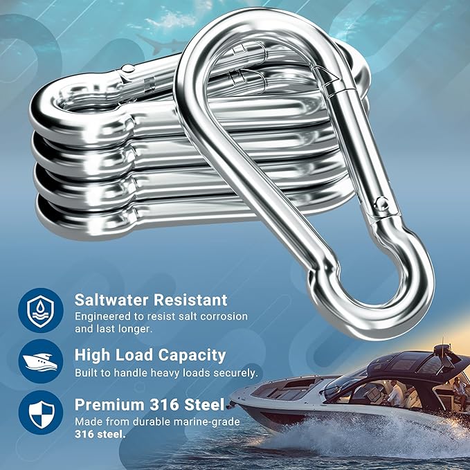 sprookber 316 Stainless Steel Carabiner Clip, Marine Grade Heavy Duty Spring Snap Hook for Outdoor, Boat, Hammock, Set of 5