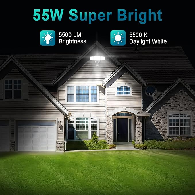USTELLAR 55W Plug in Flood Light Outdoor, 5500lm Motion Sensor Outdoor Lights with Remote Control, Dusk to Dawn Security Light, IP65 Waterproof, 5000K Daylight Wall Mounted for Garage, Yard, 1 Pack