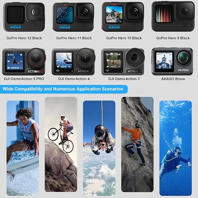 Action Camera Accessory for GoPro Hero 12/11/10/9/8/7/6/5 DJI Osmo Action 5 Pro/Action 4 / Action 3, AKASO EK7000 Insta360 X2 X3 DBPOWER APEMAN Yi VicTsing