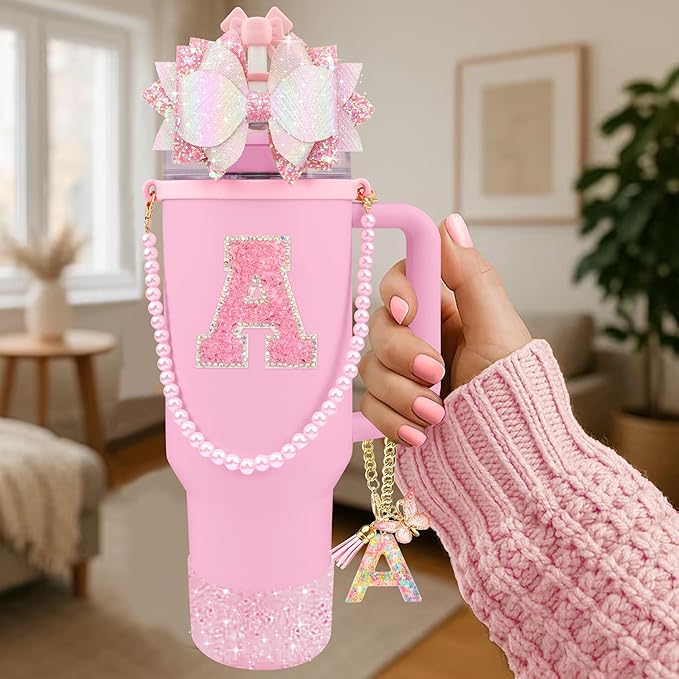 9PCS Pink for Stanley Cup Accessories Set Bling Initials Bow Charms for Stanley Decorations 30/40 Oz Tumbler Accessories Including Bow Straw Topper, Handle Strap, Spill Stopper（Letter A）