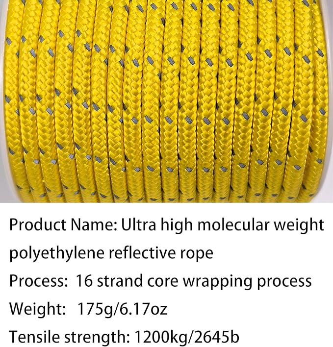 Dyneema Reflective Rope -2mm 400kg Fracture Strain - Suitable for Tents, Kite Surfing, and Other 65 feet (Yellow, 4mm)