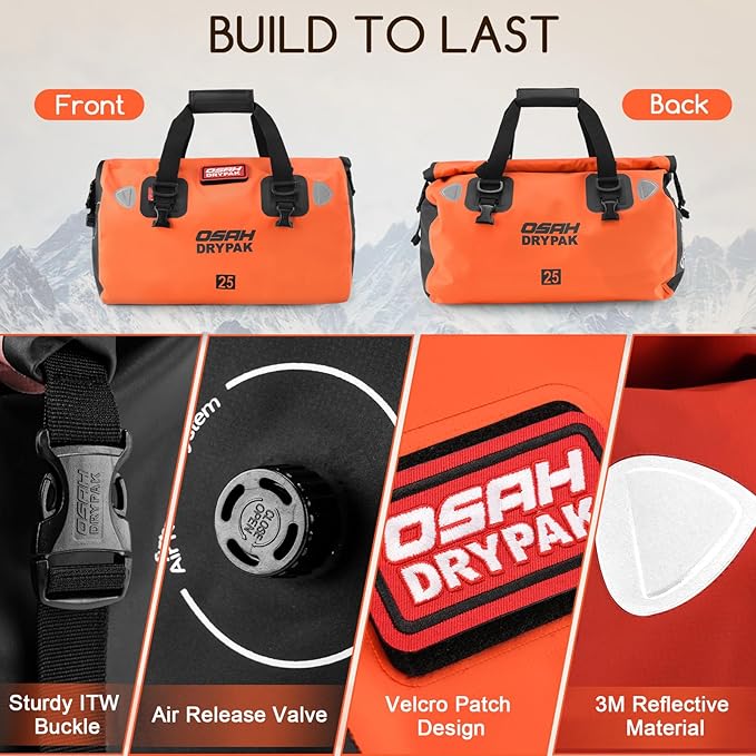 OSAH DRYPAK Waterproof Duffel Bag - Motorcycle Dry Bag Tail Bag with Large Storage Space, Waterproof Luggage Duffle Bags with Outer Mesh Zipper Pocket for Camping, Kayaking, Fishing & Traveling