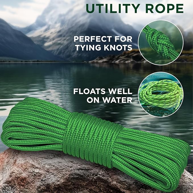 TECEUM Rope – 90 Feet x 1/4 Inch (7mm) – Green – Strong All-Purpose Utility Rope – Camping, Crafting, Flag Pole, Indoor & Outdoor – Polypropylene Nylon Poly Lightweight Diamond Braided Cord