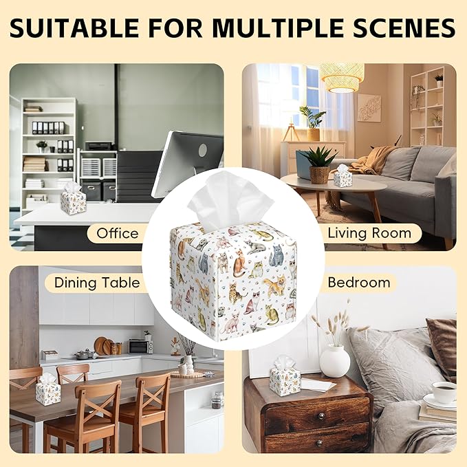 Tissue Box Cover Square,Cute Cats and Paw Tissue Box Holder Waterproof Leather Facial Paper Case Modern Home Decoration for Bedroom Dresser Night Stand Office Desk