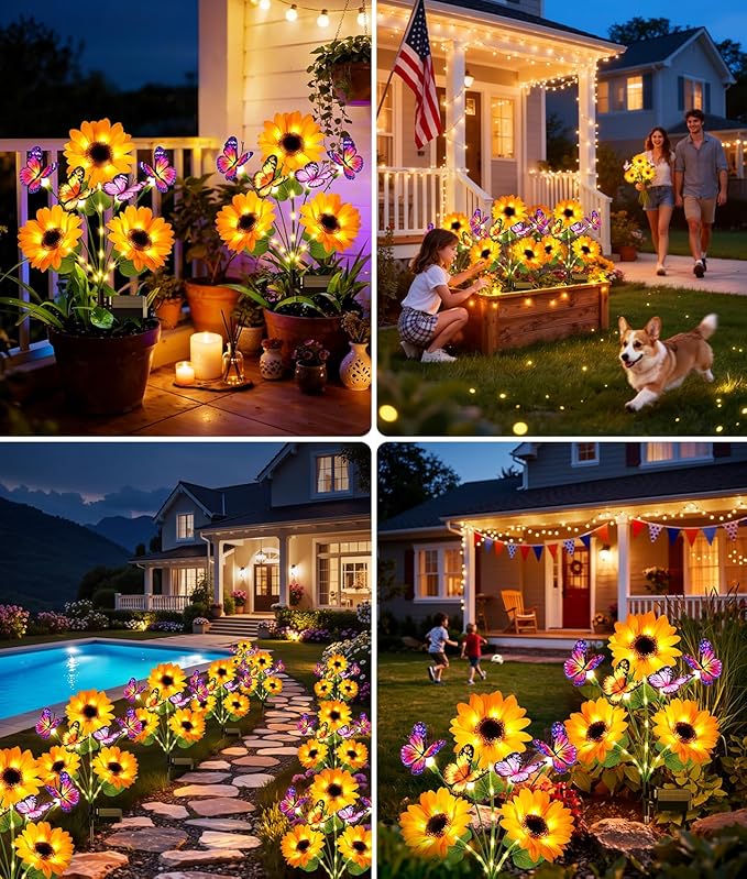 KOOPER Solar Garden Lights Outdoor Decor, Upgraded 4 Pack Solar Sunflower Lights with 16 Butterflies, Solar Flowers Outdoor Waterproof for Yard Lawn Garden Decor, Sunflower Gifts for Mom Women Grandma