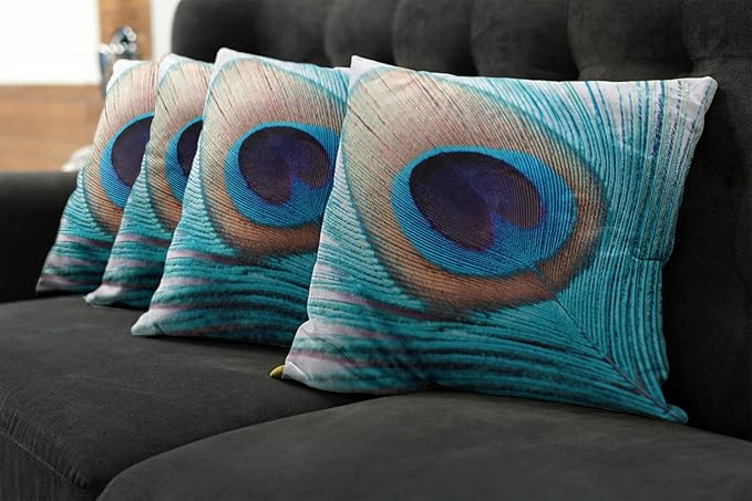 Ambesonne Feather Throw Pillow Cushion Case Pack of 4, Close up Pattern of Peacock Fluff in Vibrant Tones Natural Wildlife Theme Print, Modern Accent Double-Sided Digital Printing, 16", Aqua Cream