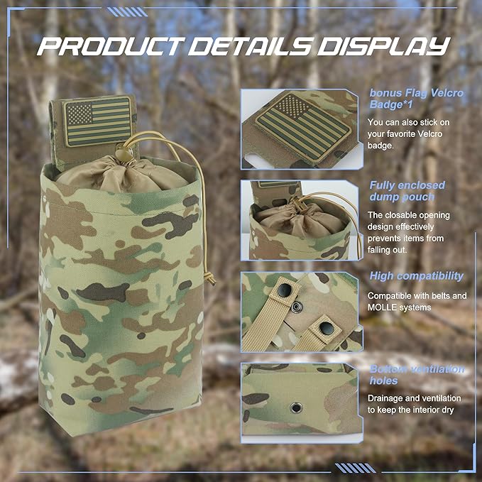 Tactical Dump Pouch for Battle Belt & MOLLE Systems | Foldable Mag Pouch with Drawstring Closure | for Hunting, Duty, Paintball | Includes Flag Patch