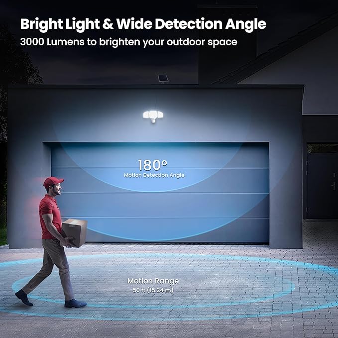 Feit Electric Outdoor LED Triple Head Solar Security Flood Lights with Motion Sensor, Dusk-to-Dawn Sensor, 3000 Lumens Floodlight, 5000K Daylight, No Hardwiring Needed, S13TFL/3000MOTSOL/WH