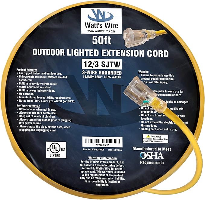50 ft Outdoor Extension Cord Waterproof - 12 Gauge Heavy Duty Extension Cord 50 ft - Lighted Outdoor Extension Cords - Watts Wire - 50' Grounded - extensiones electricas