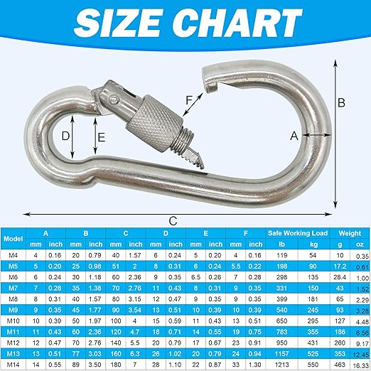 304 Stainless Steel Carabiners -4.7 inch Heavy Duty, Durable & Rust-Free Clips for Gym, Swing, Dog Leashes, Hammocks, Keychains, and More(304,M11 with Screw,Pack of 2)