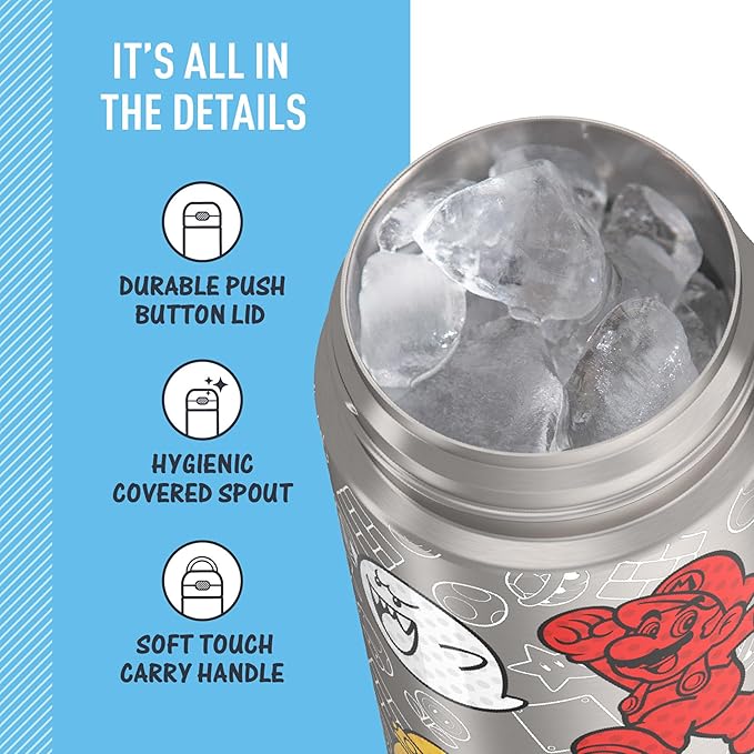 THERMOS FUNTAINER 16 Ounce Stainless Steel Vacuum Insulated Bottle with Wide Spout Lid, Mario