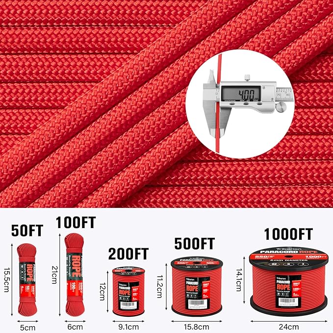 Paracord Rope 550 lb - 500ft 5/32" Parachute Cord 4MM 7-Strand para Cord - Heavy Duty Spool String for Survival,Camping Gear, Survival Bracelet, Clothesline - Red